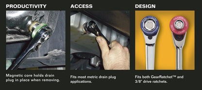 3/8 in. Drive 6-Point Metric Magnetic Oil Drain Plug Ratchet and Socket Set (7-Piece)